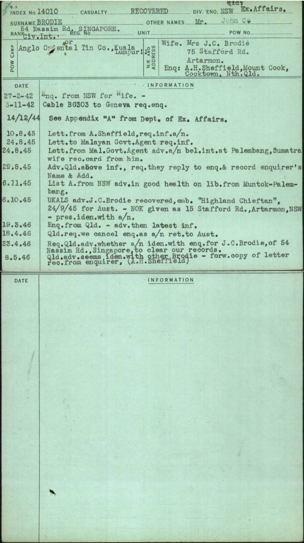 Brodie, John, [No Service Number]