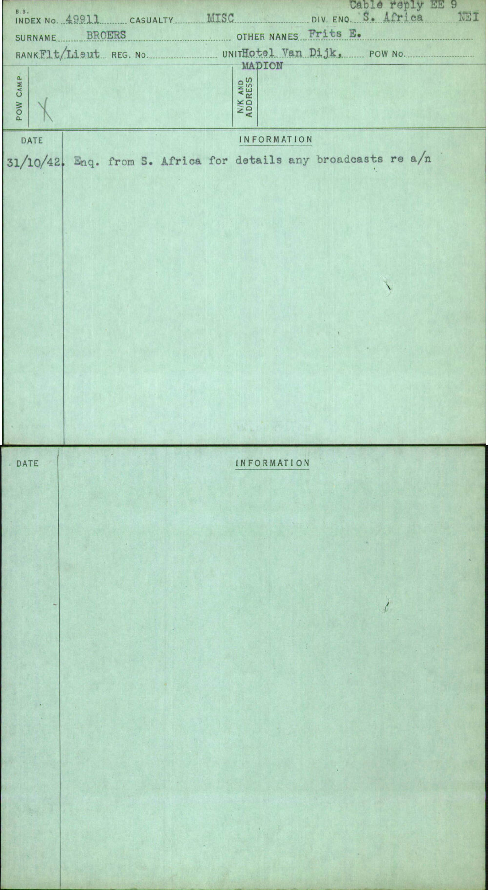 Broers, Frits E, [No Service Number]