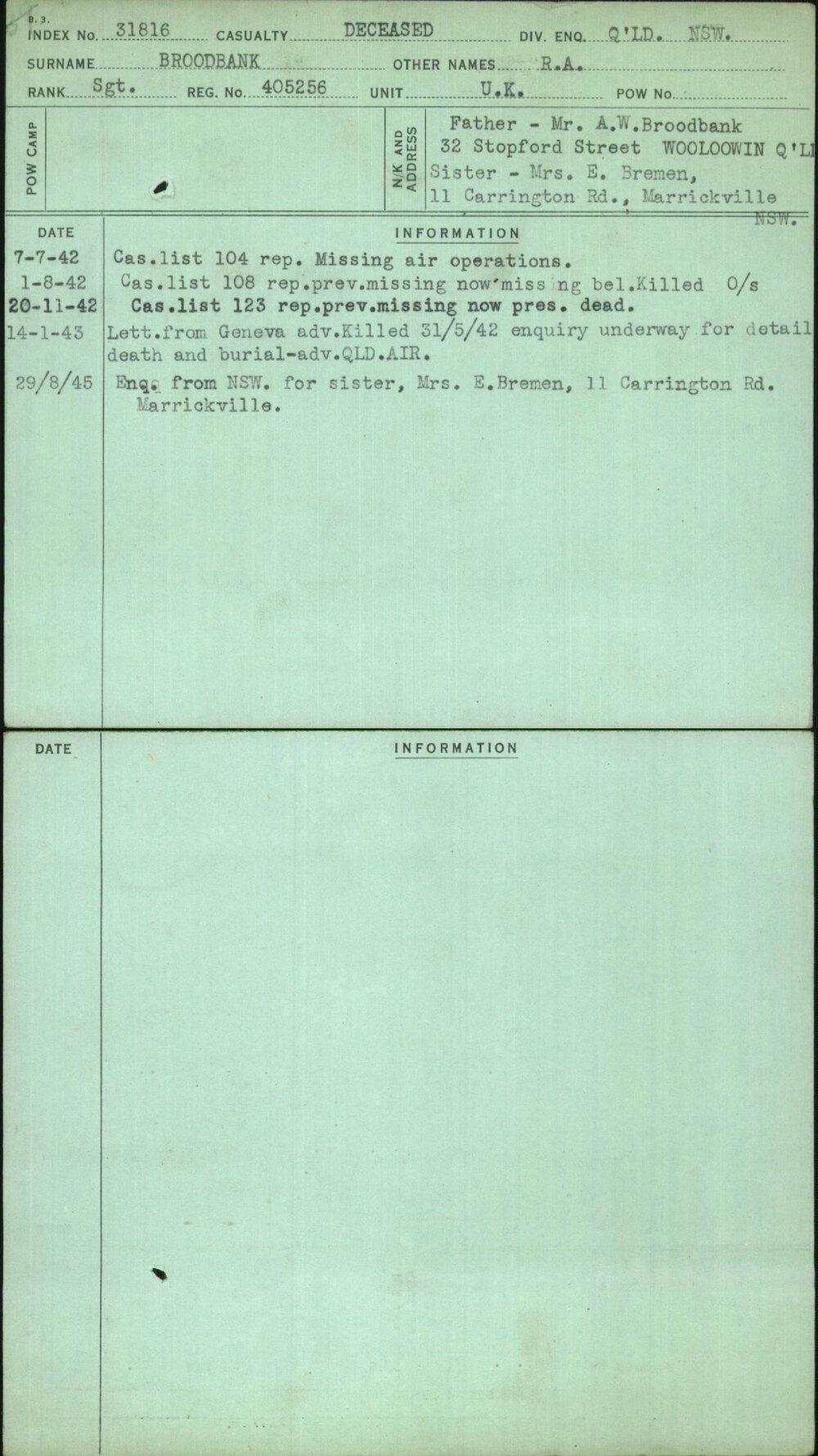 Broodbank, R A, 405256