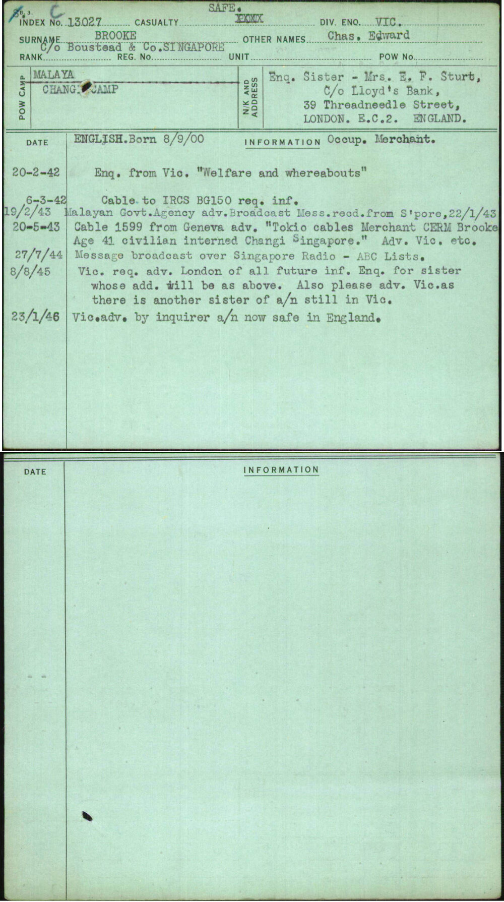 Brooke, Chas Edward, Singapore