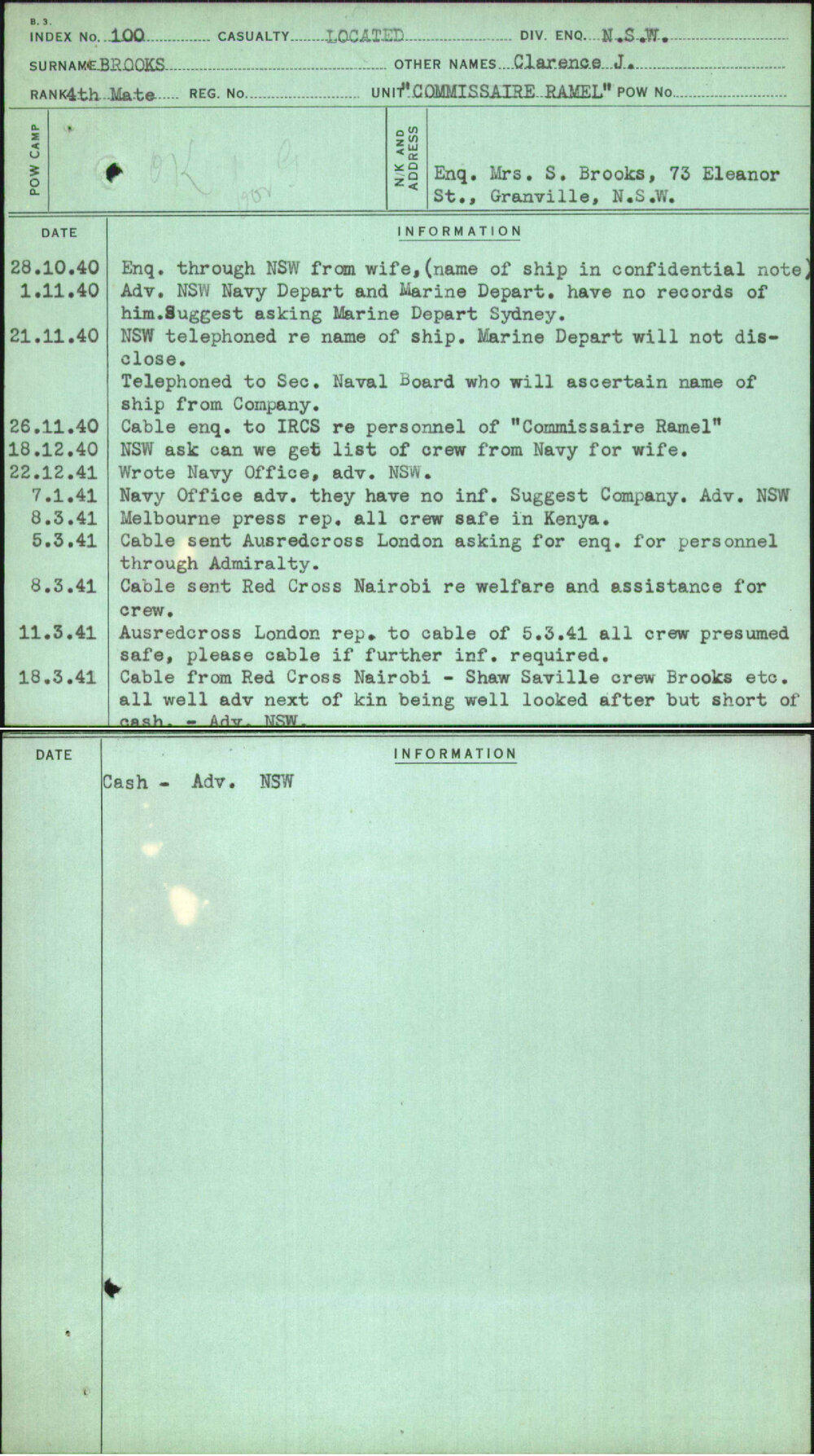 Brooks, Clarence J, [No Service Number]