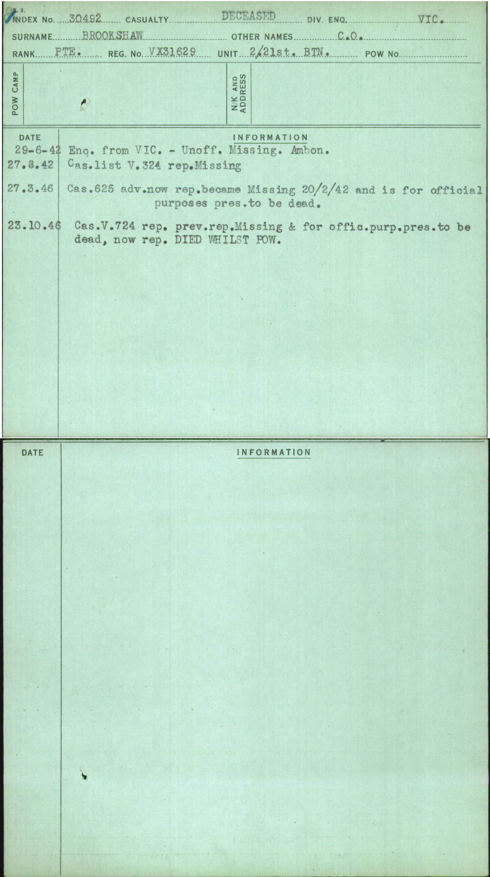 Brookshaw, C O, VX31629