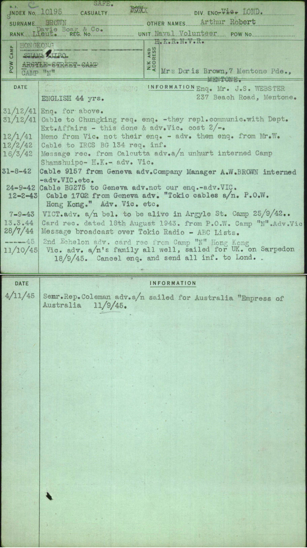 Brown, Arthur Robert, [No Service Number]