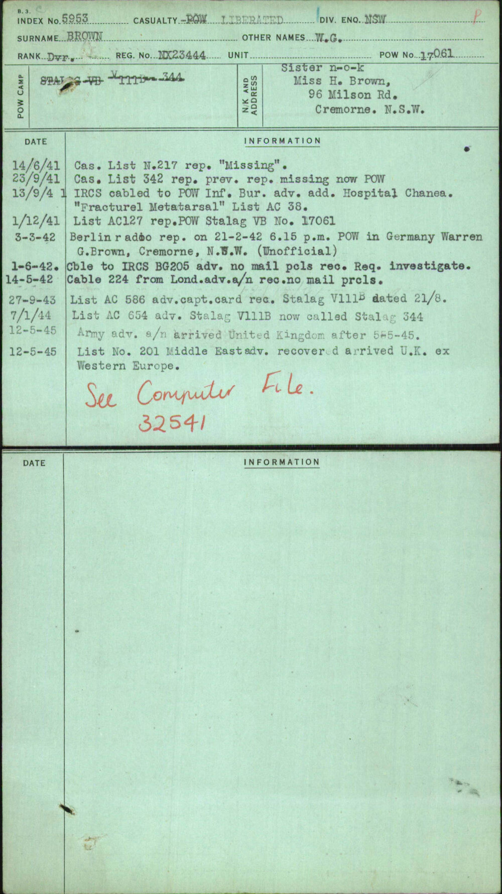 Brown, W G, NX23444