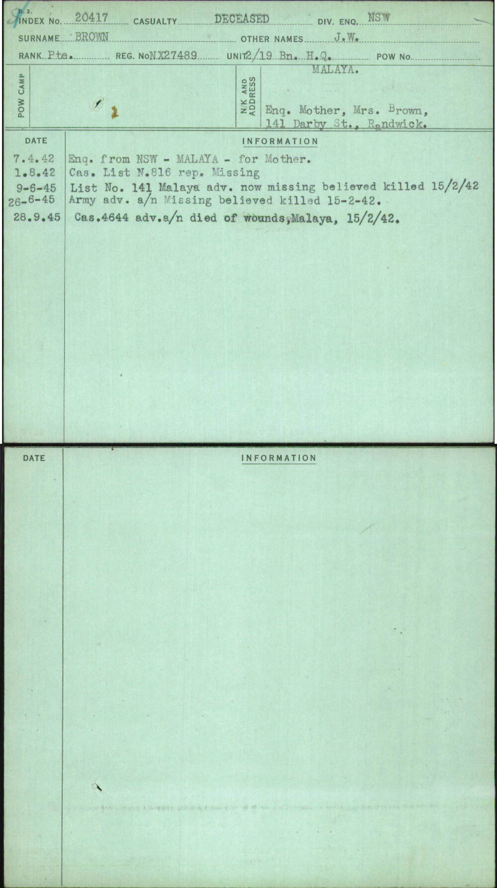 Brown, J W, NX27489