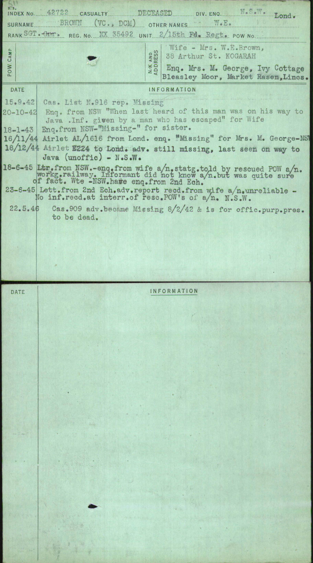 Brown (Vc Dcm), W E, NX35492