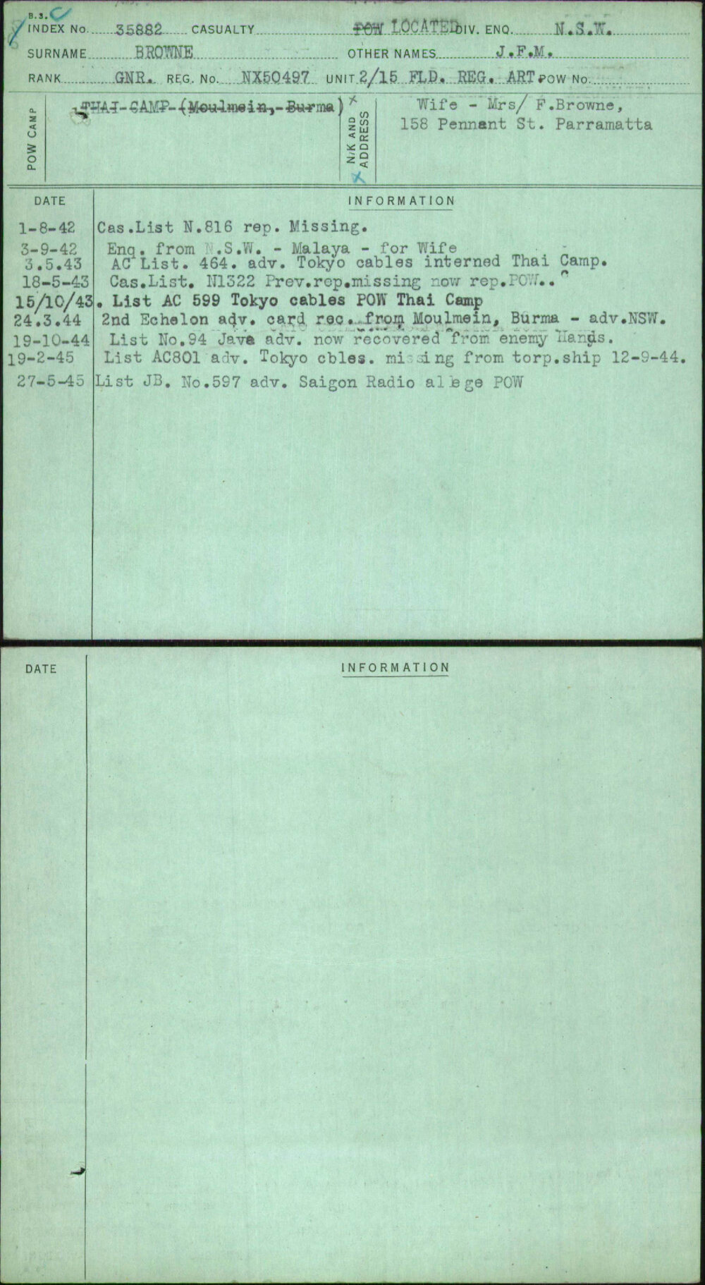 Browne, J F M, NX50497