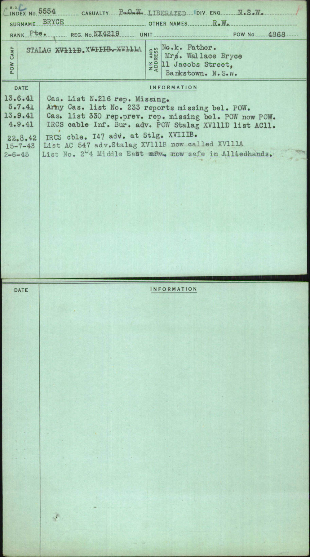 Bryce, R W, NX4219