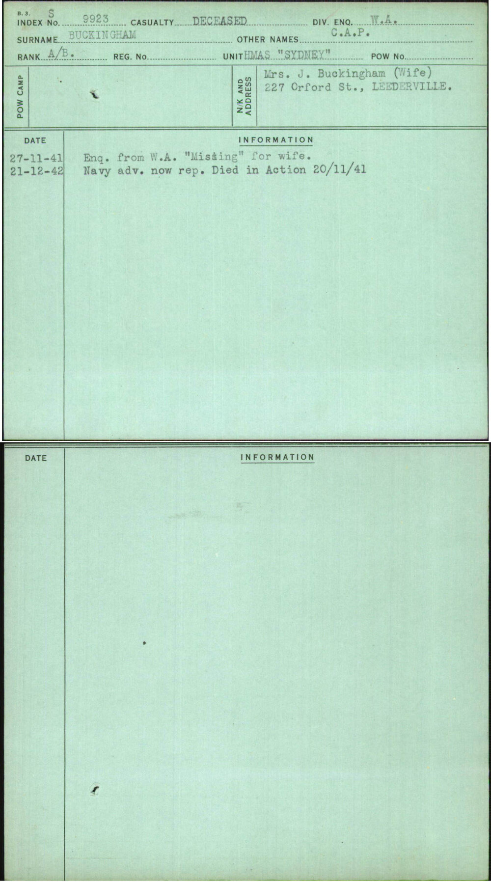 Buckingham, C A P, [No Service Number]