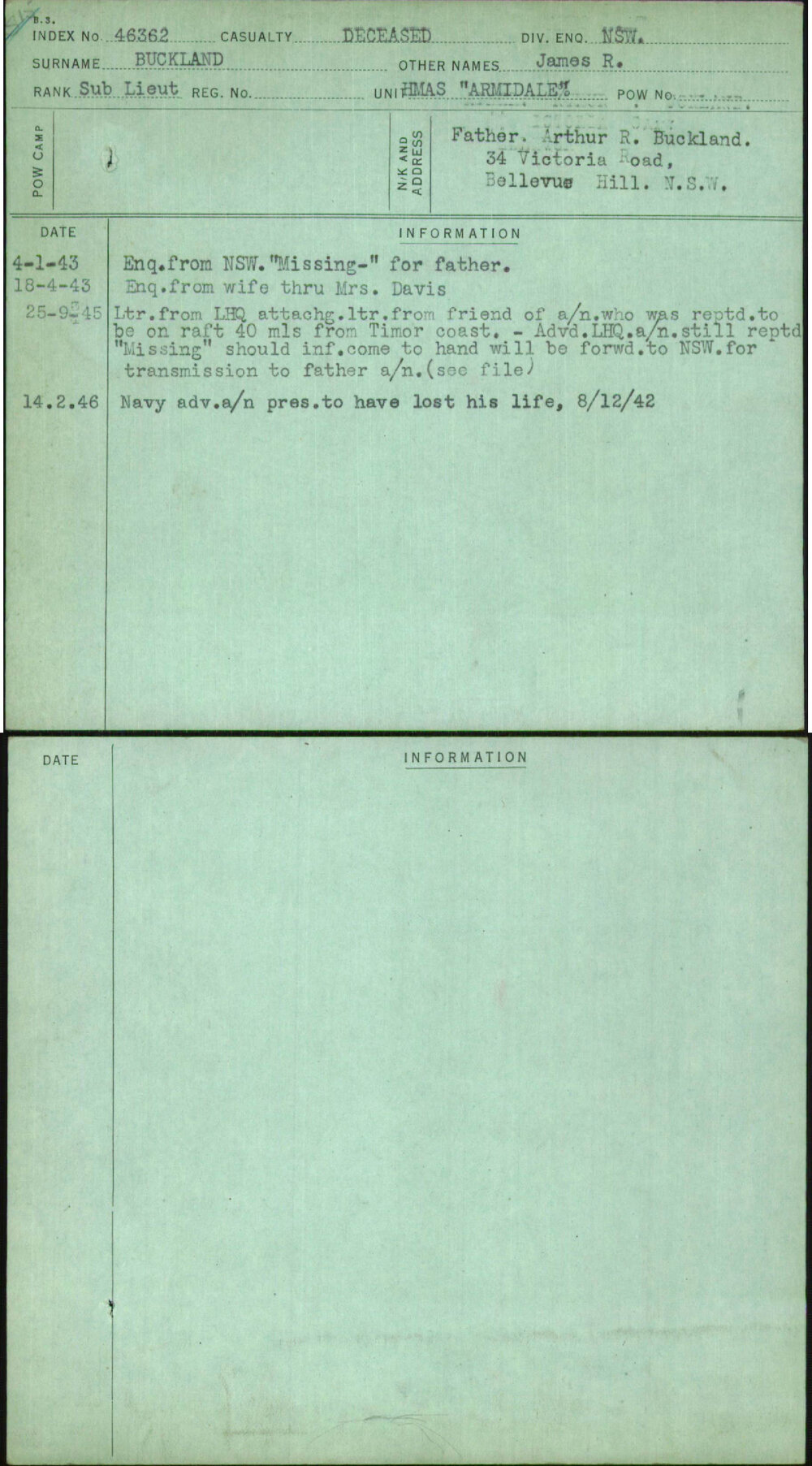 Buckland, James R, [No Service Number]