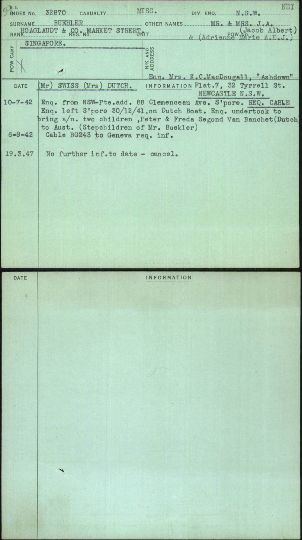 Buehler, Mr &amp; Mrs J A (Jacob Albert), [No Service Number]