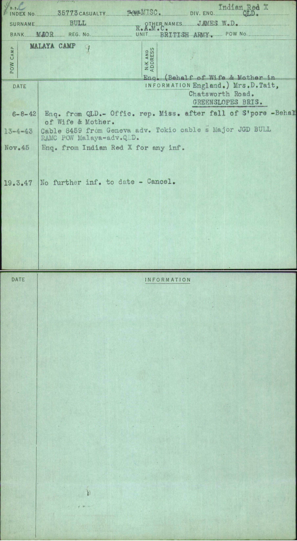 Bull, James W D, [No Service Number]