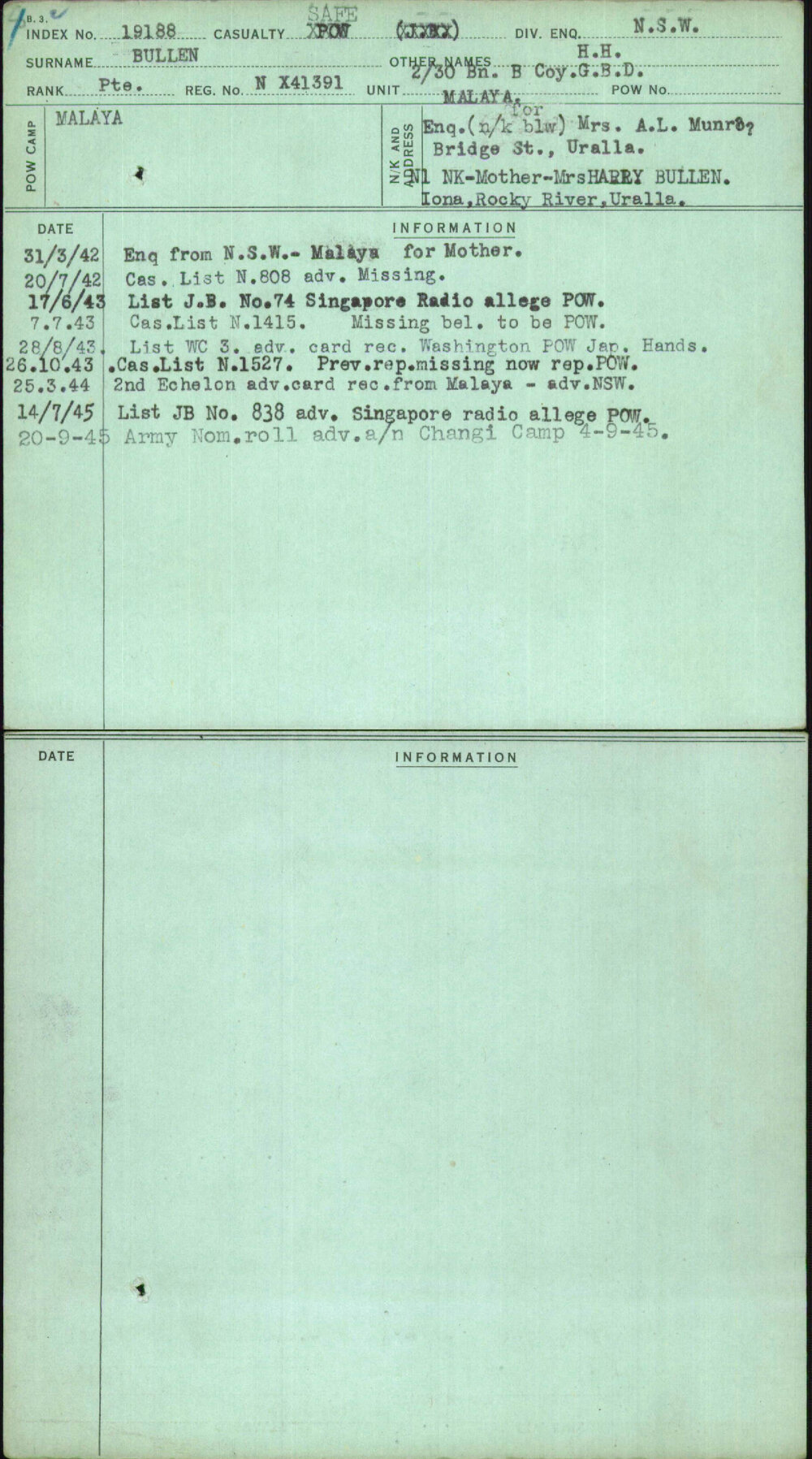 Bullen, H H, NX41391
