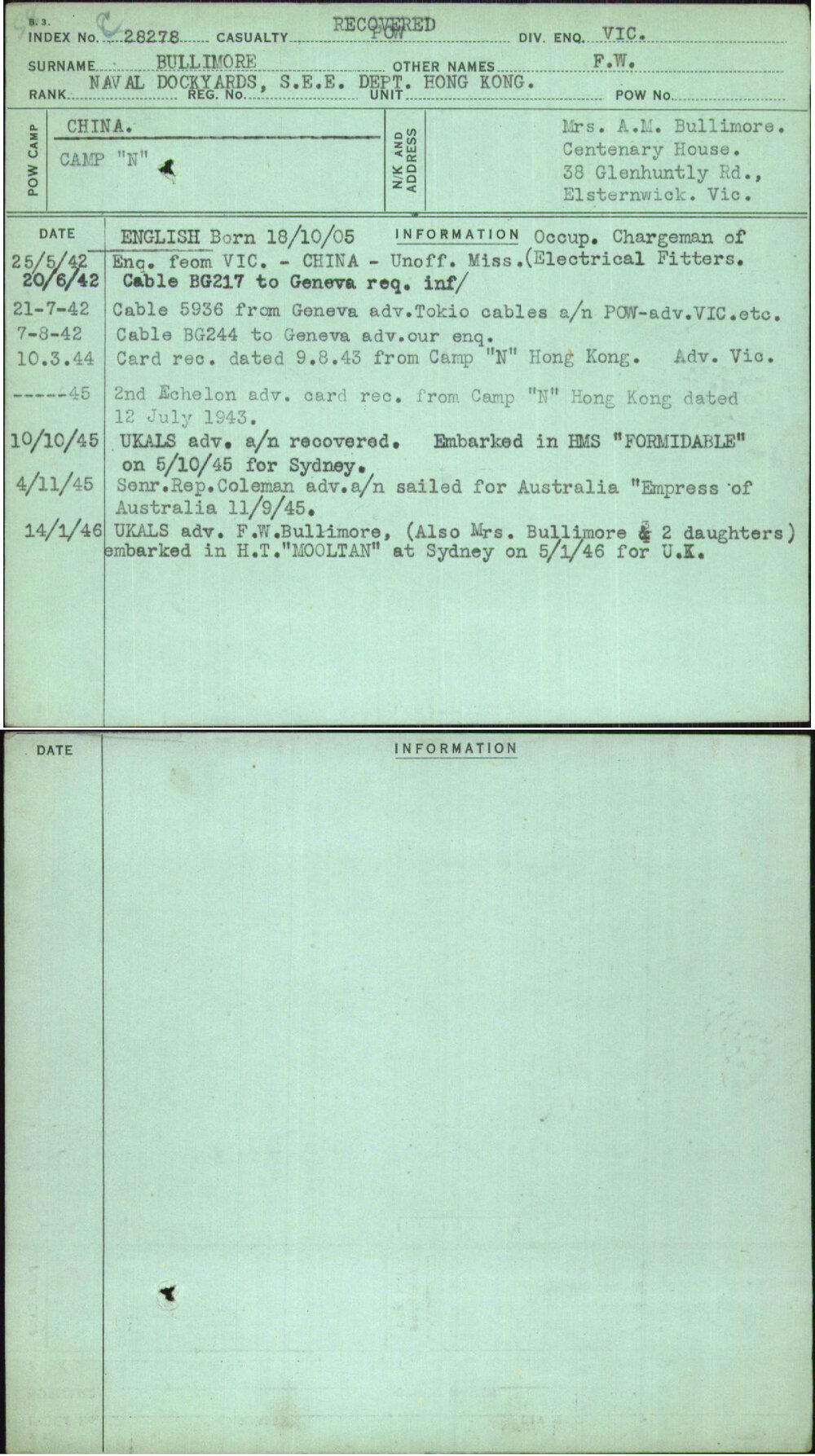 Bullimore, F W, [No Service Number]