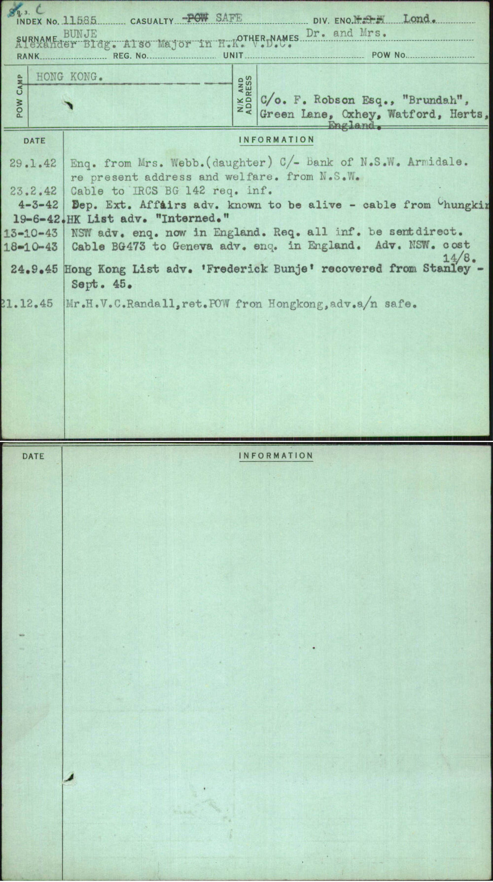 Bunje, Dr And Mrs, [No Service Number]