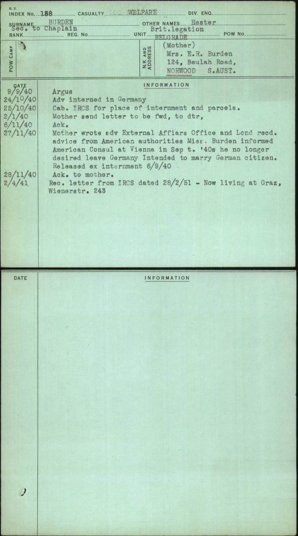 Burden, Hester, [No Service Number]