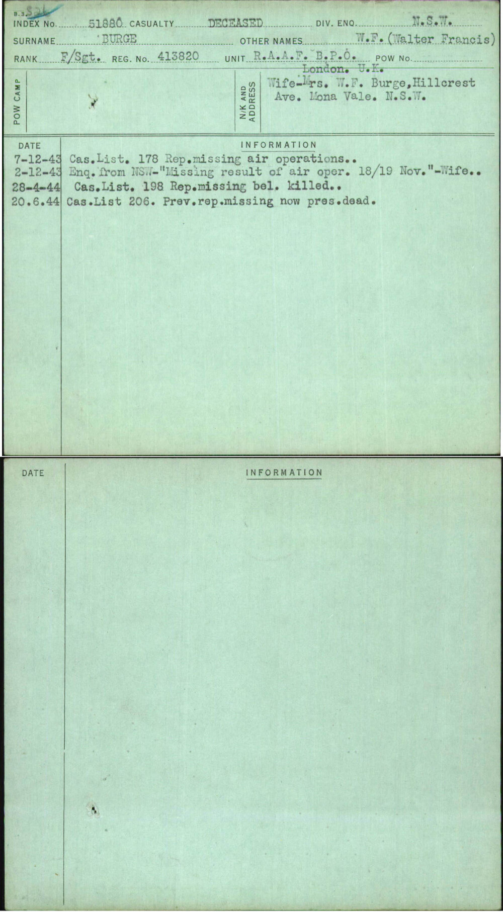 Burge, W F (Walter Francis), 413820