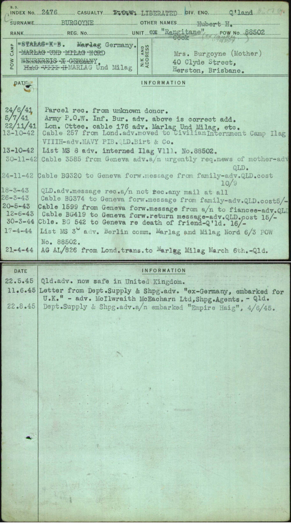 Burgoyne, Hubert H, [No Service Number]