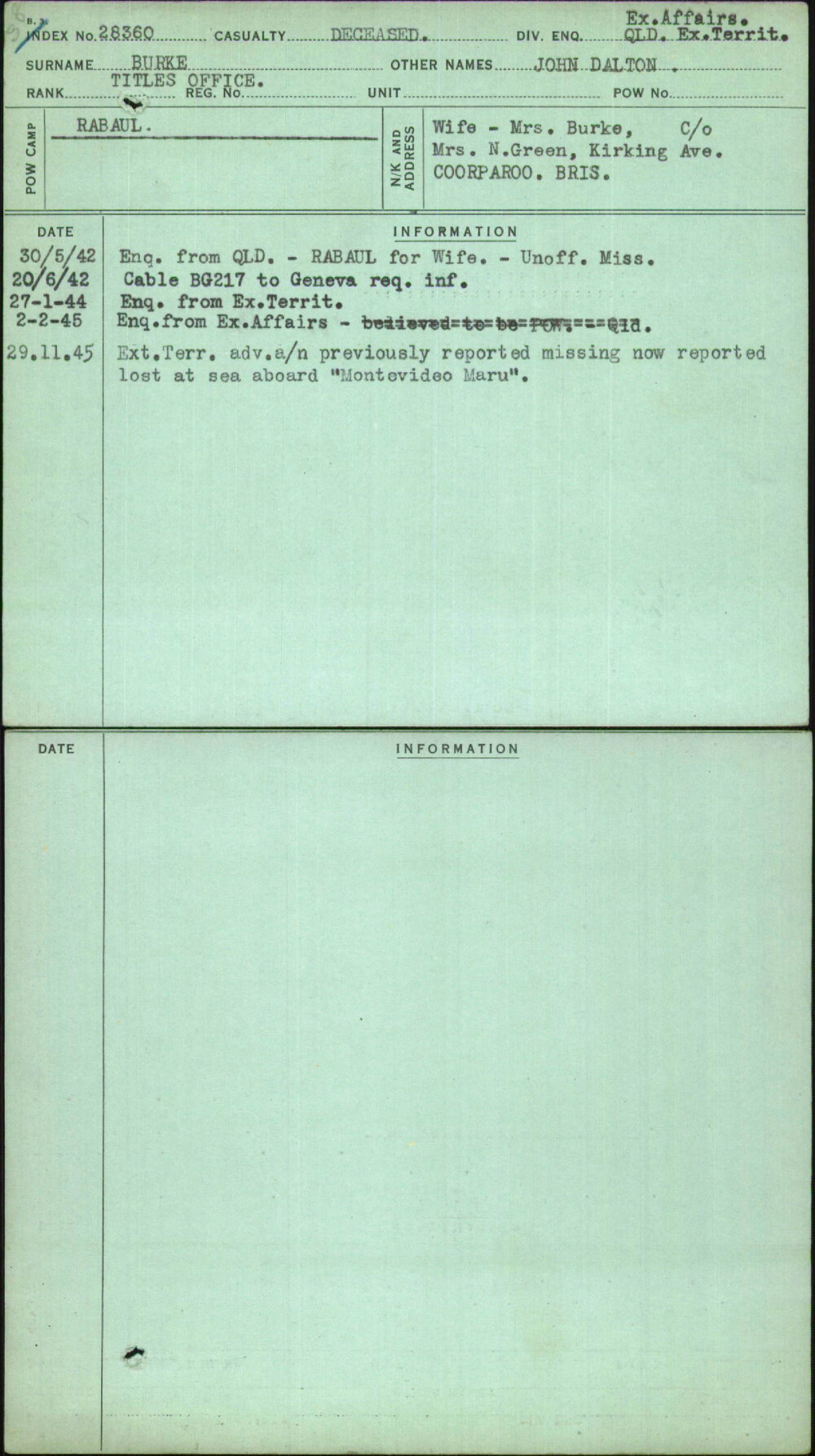 Burke, John Dalton, [No Service Number]