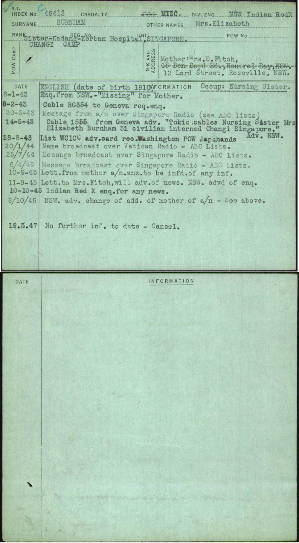 Burnham, Mrs Elizabeth, [No Service Number]