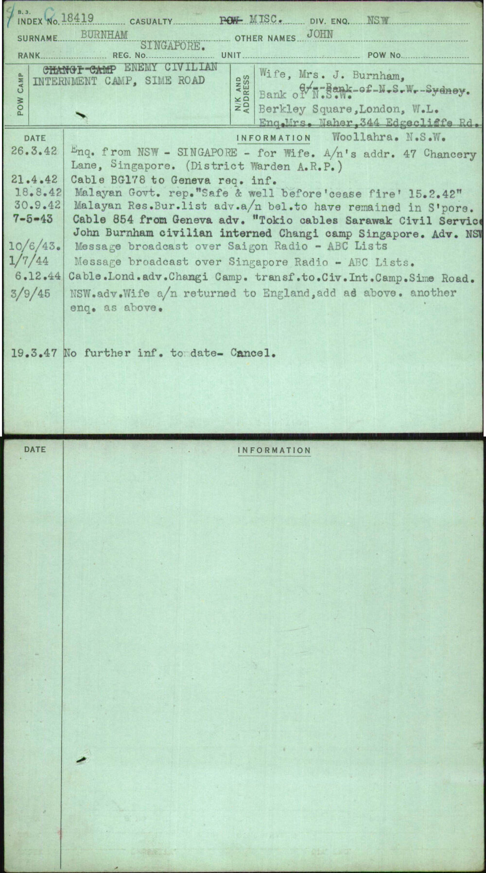 Burnham, John, Singapore
