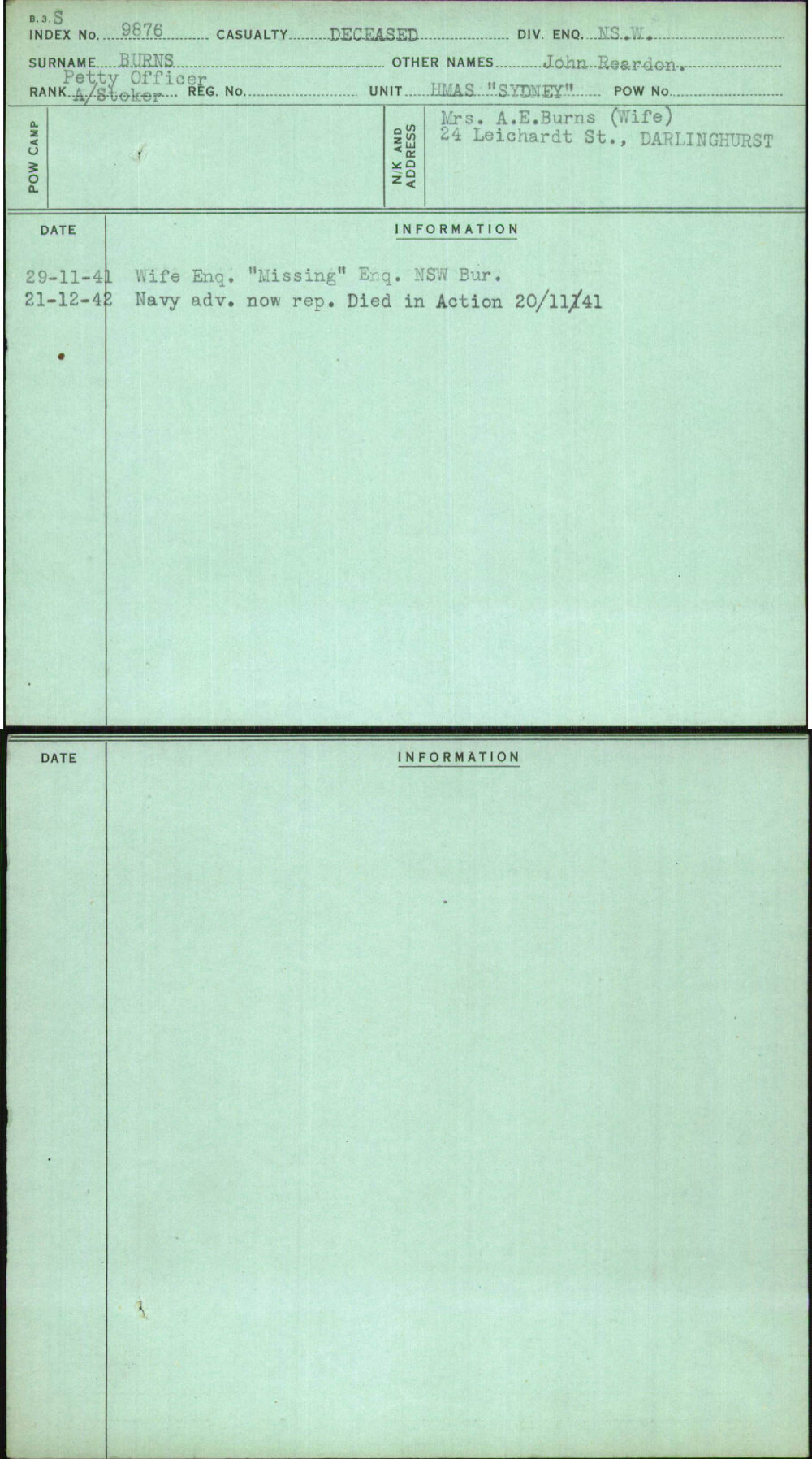 Burns, John Reardon, [No Service Number]