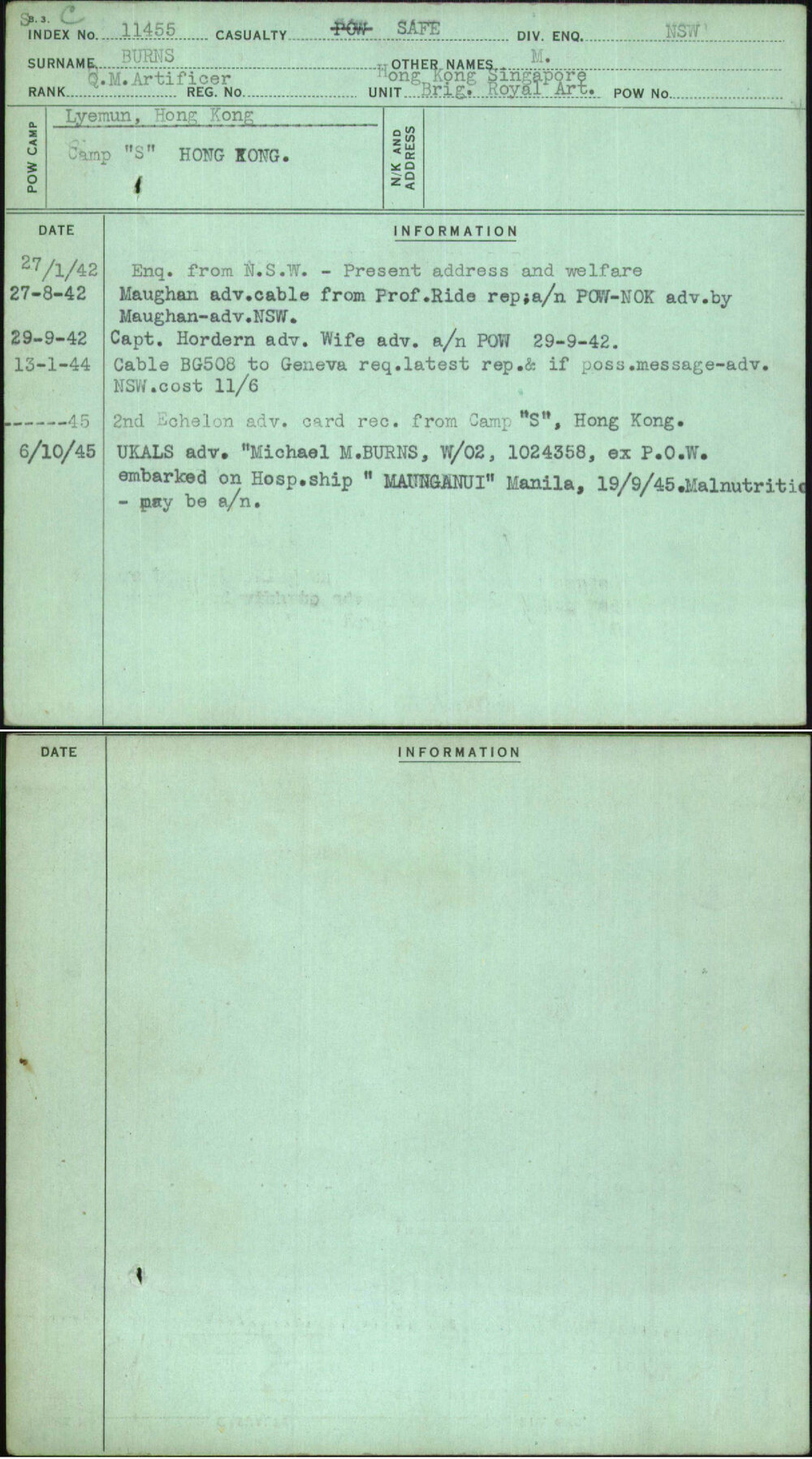 Burns, M, [No Service Number]