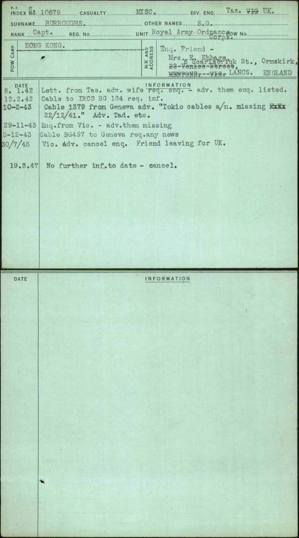 Burroughs, S G, [No Service Number]