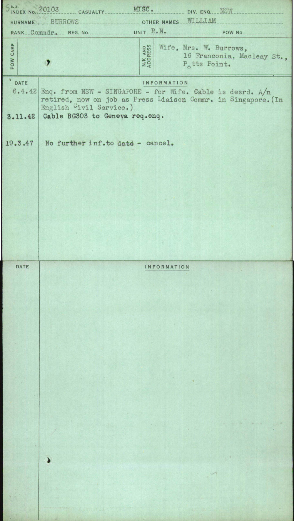 Burrows, William, [No Service Number]