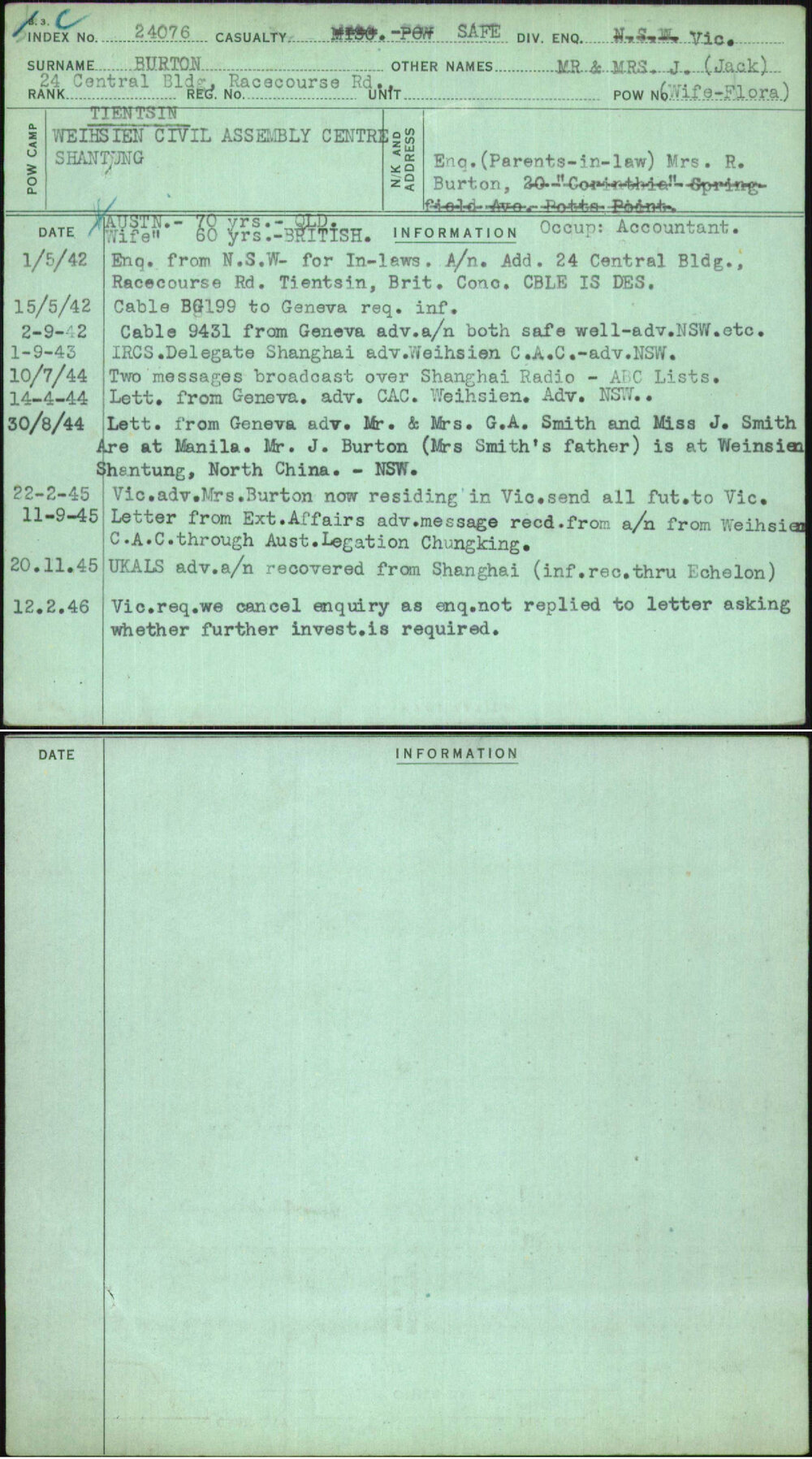 Burton, Mr &amp; Mrs J (Jack), [No Service Number]