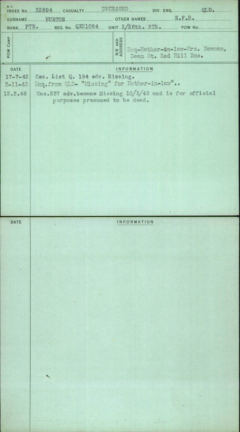 Burton, S F H, QX21084