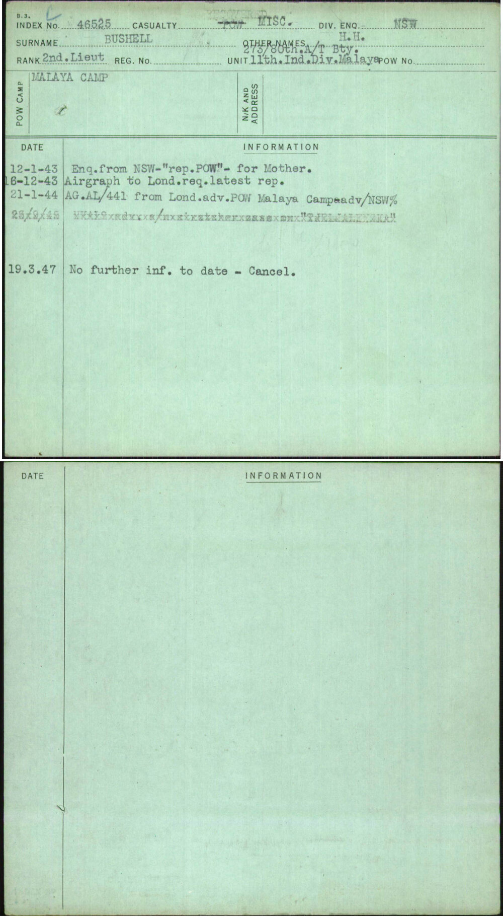 Bushell, H H, [No Service Number]