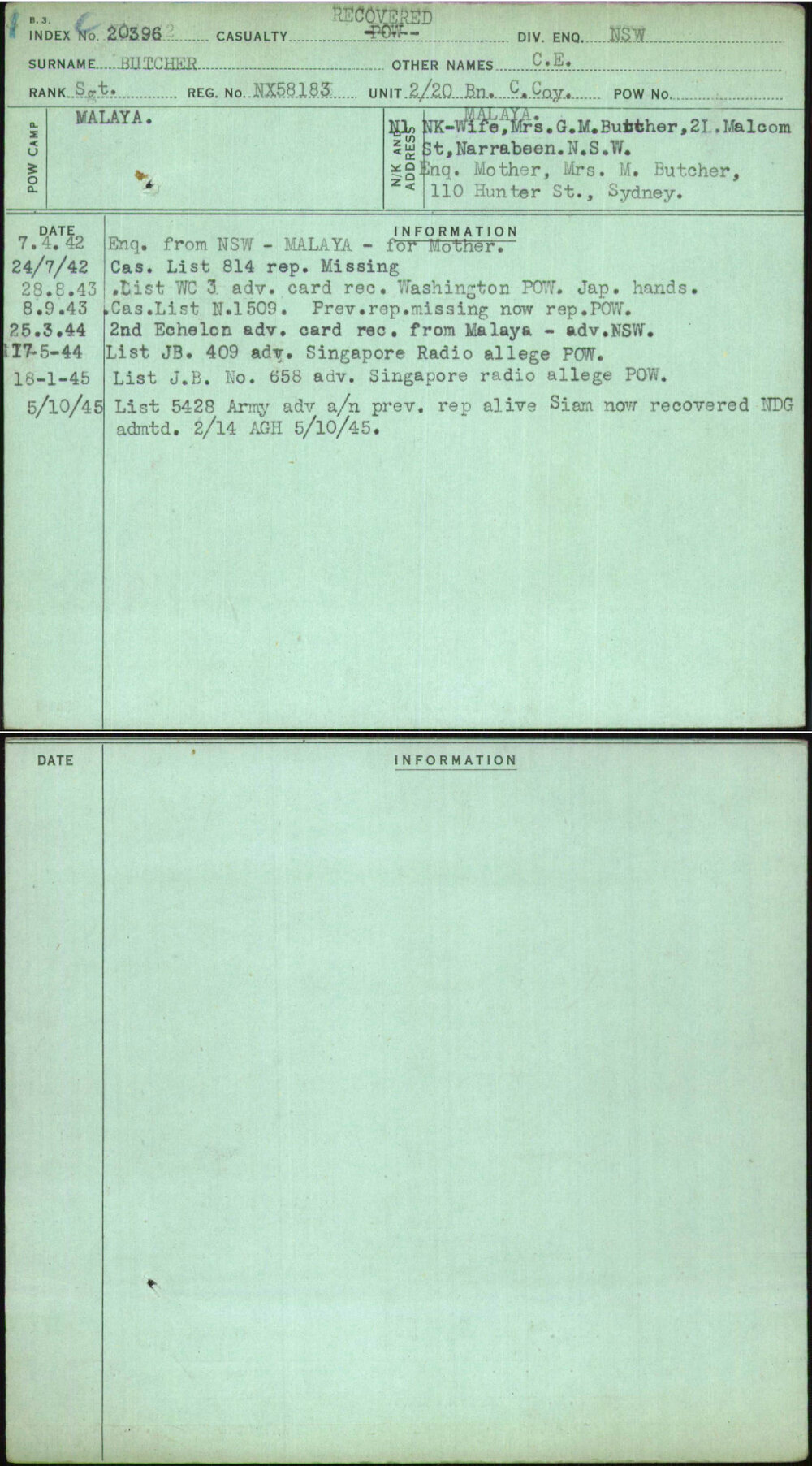 Butcher, C E, NX58183