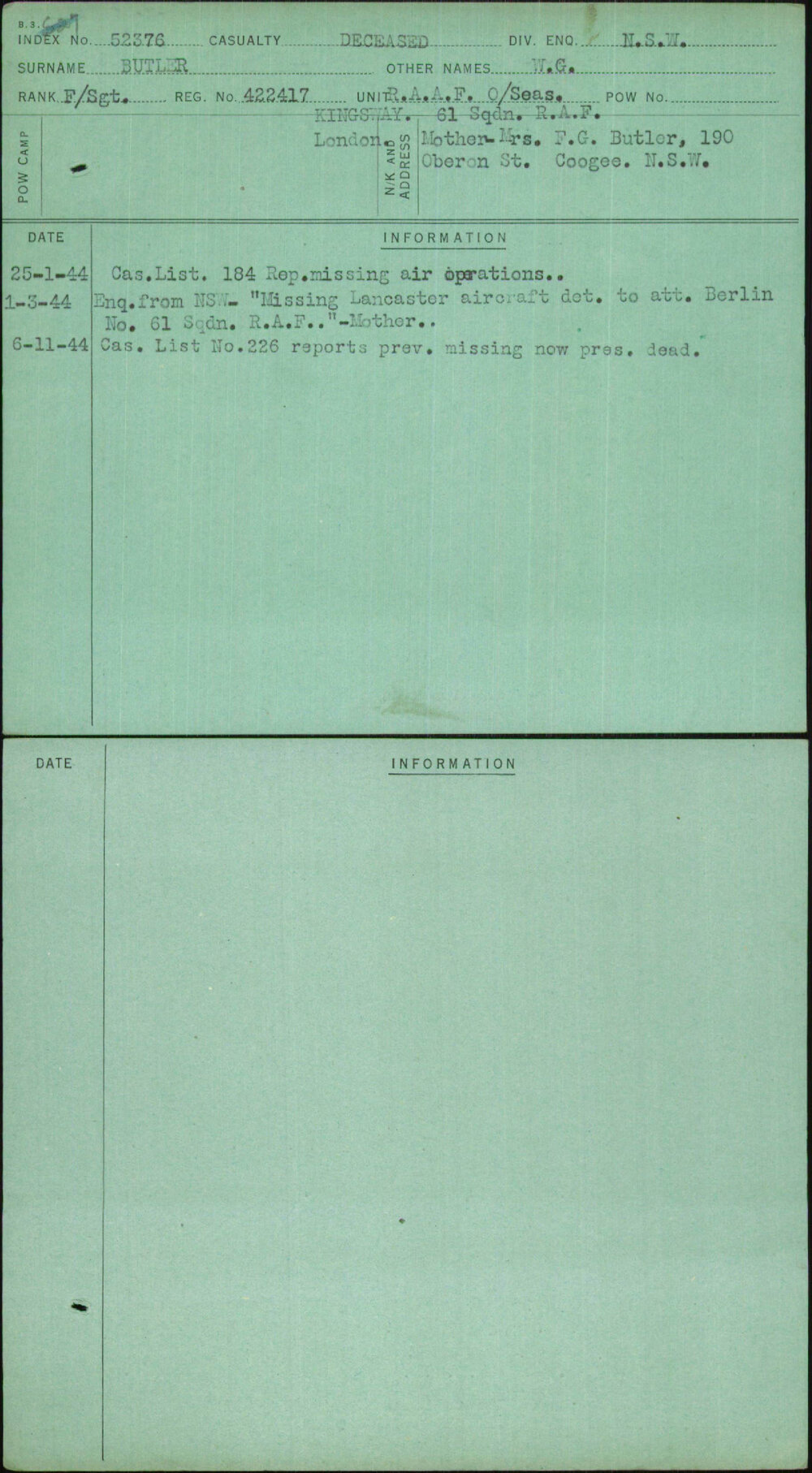 Butler, W G, 422417