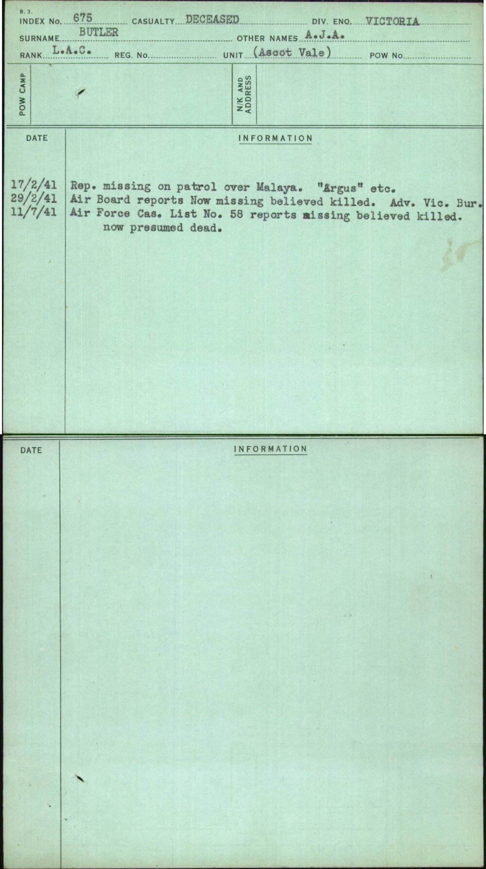 Butler, A J A, [No Service Number]