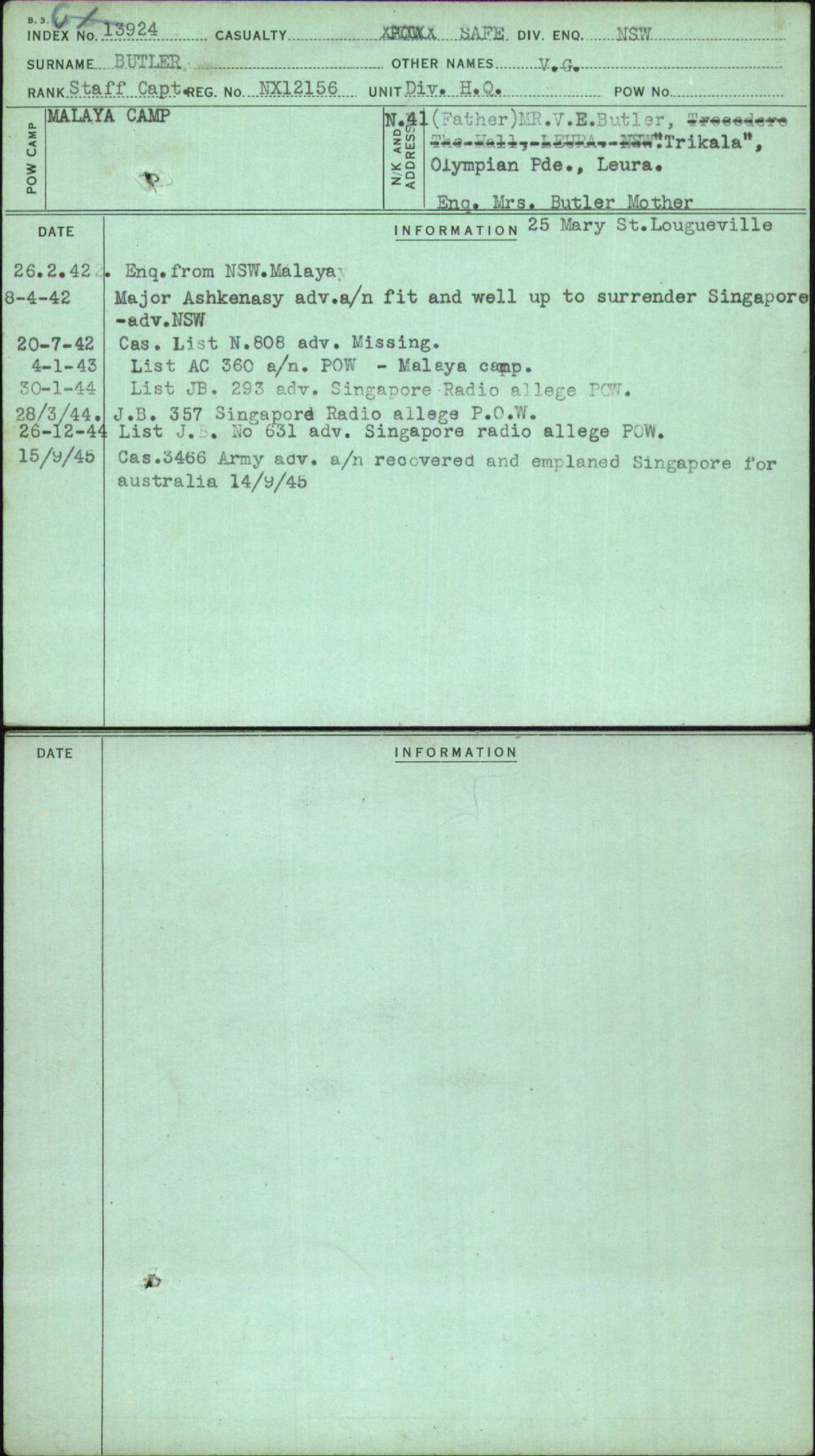 Butler, V G, NX12156