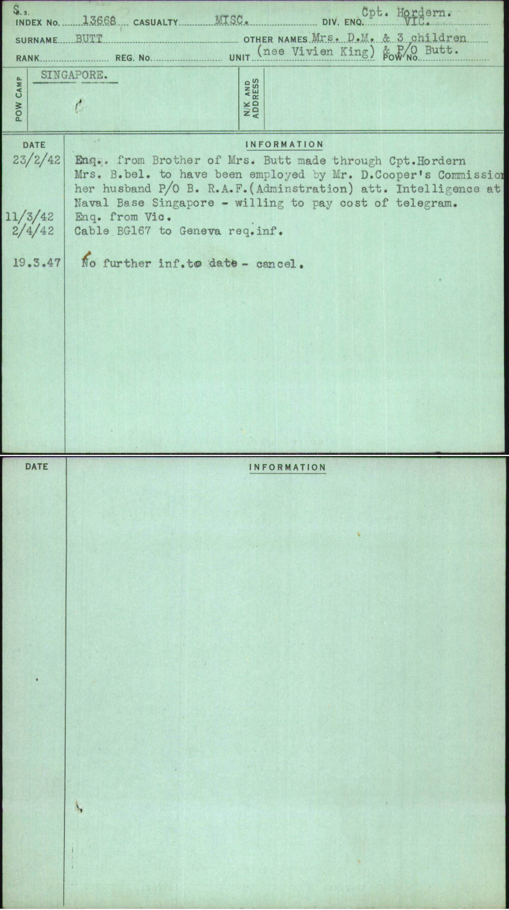 Butt, Mrs D M &amp; 3 Children &amp; P-O Butt, [No Service Number]