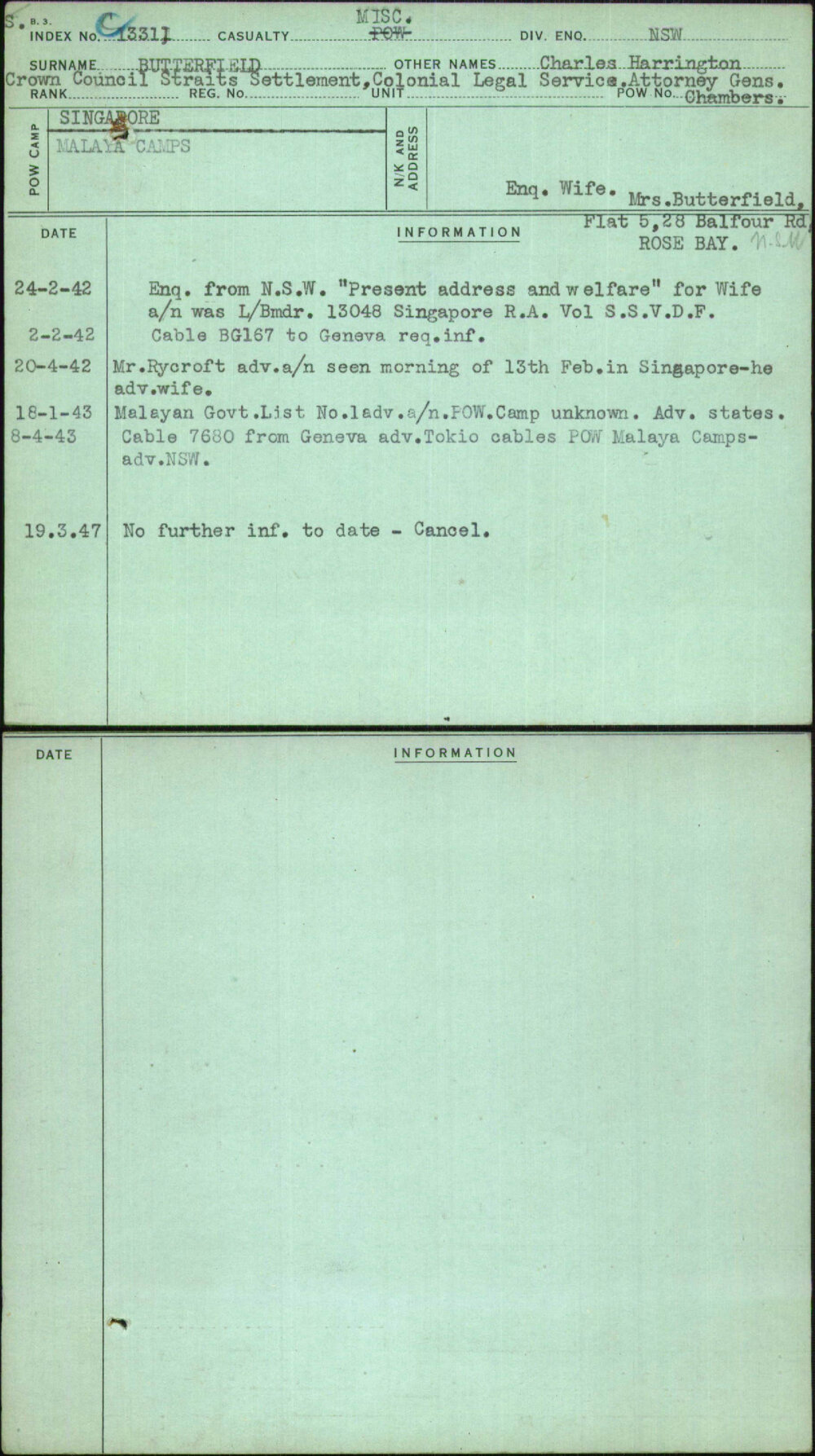Butterfield, Charles Harrington, [No Service Number]