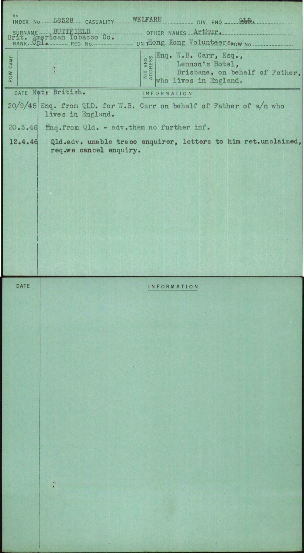 Buttfield, Arthur, [No Service Number]