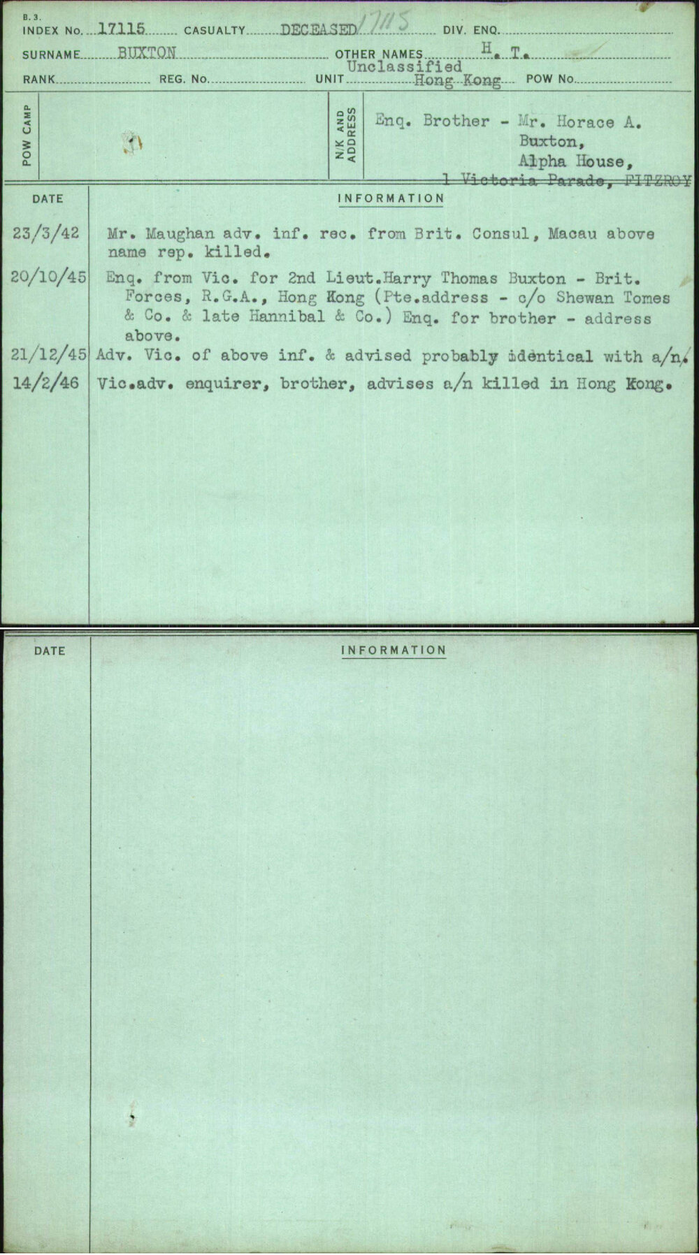 Buxton, H T, [No Service Number]