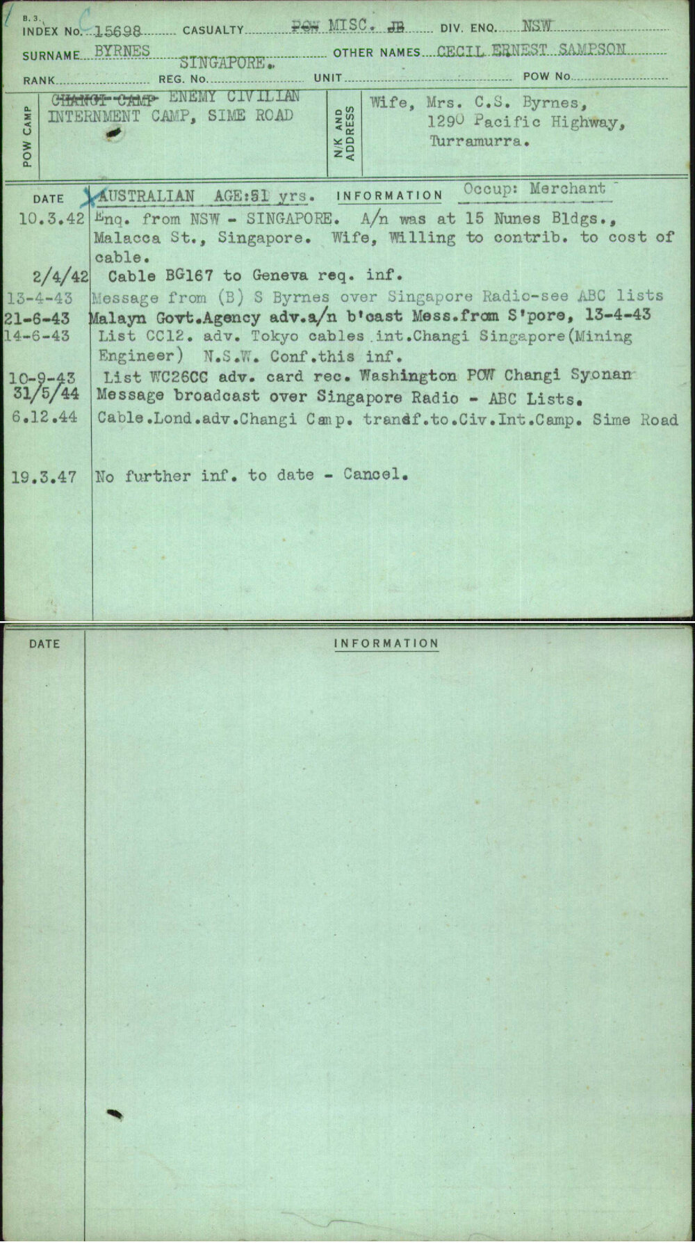 Byrnes, Cecil Ernest Sampson, Singapore