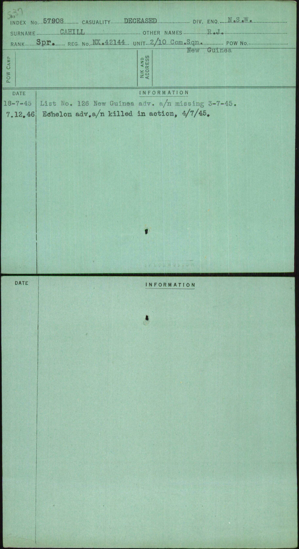 Cahill, R J, NX42144