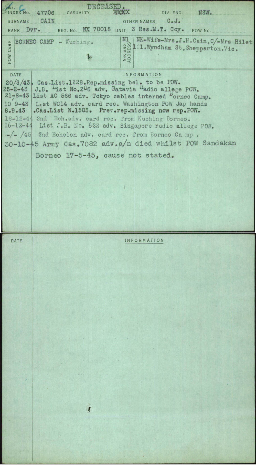 Cain, C J, NX70018