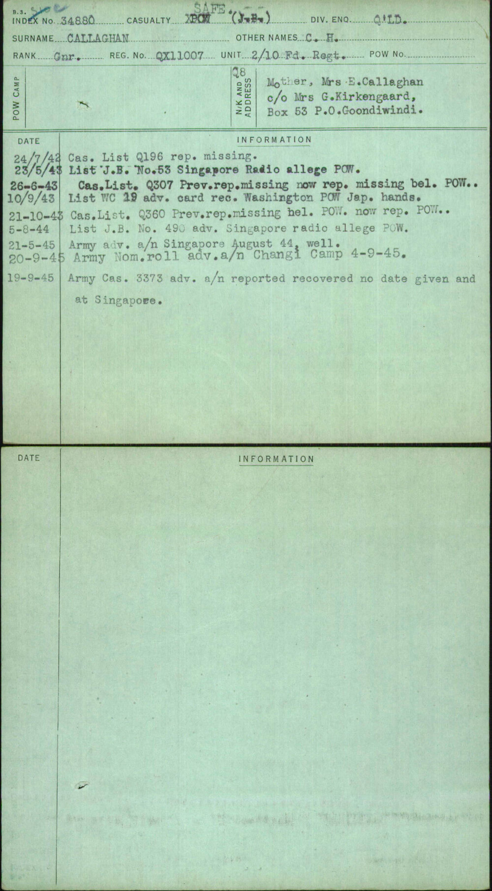 Callaghan, C H, QX11007