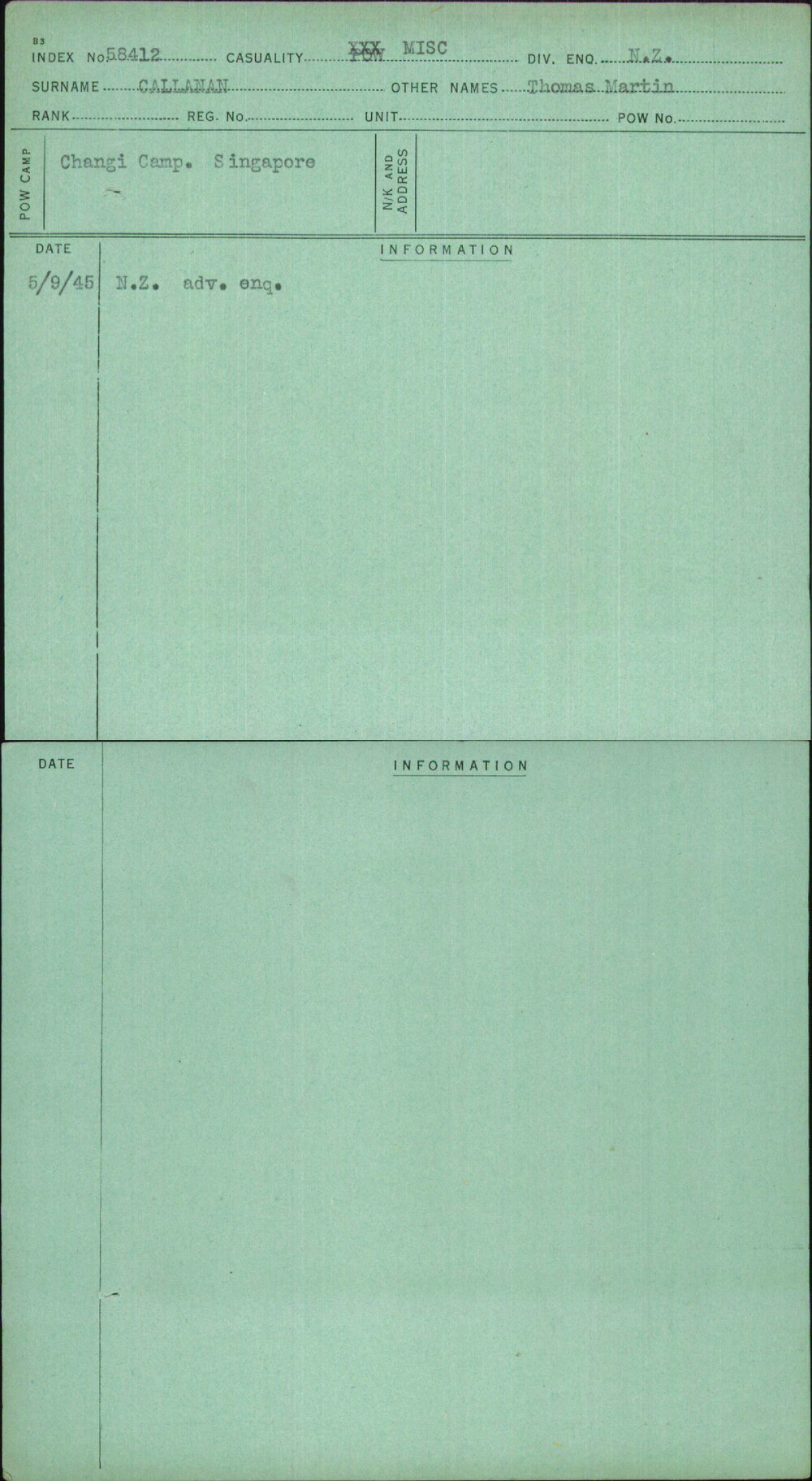 Callanan, Thomas Martin, [No Service Number]