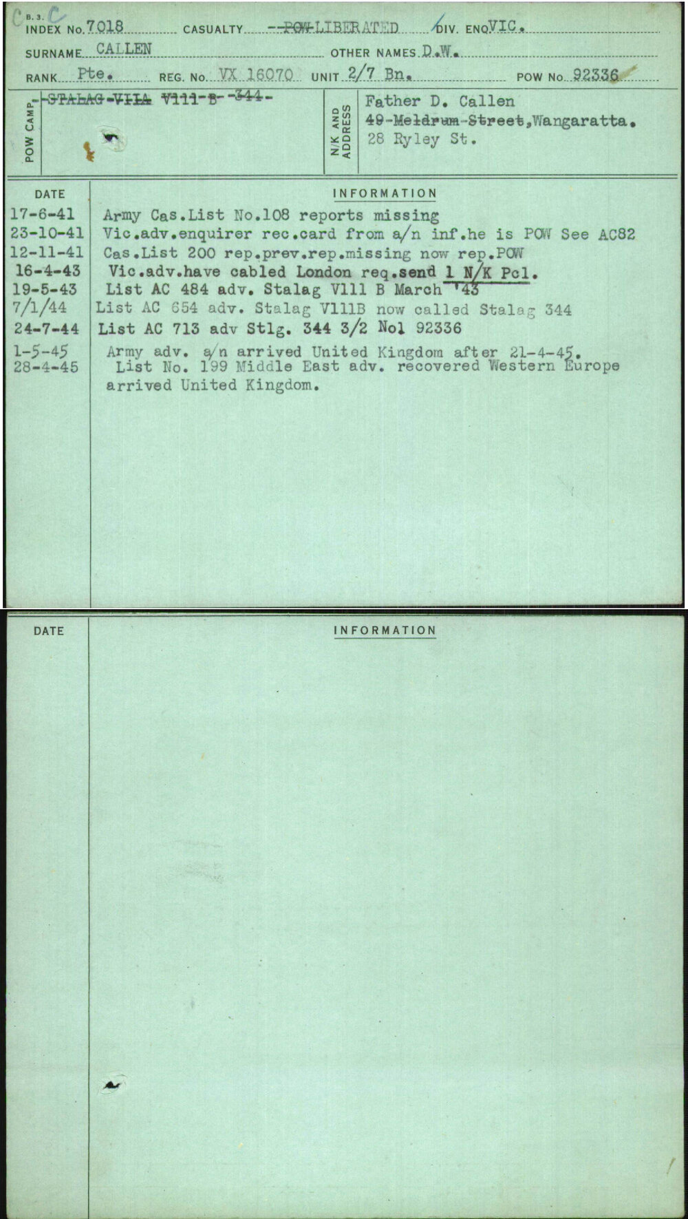 Callen, D W, VX16070