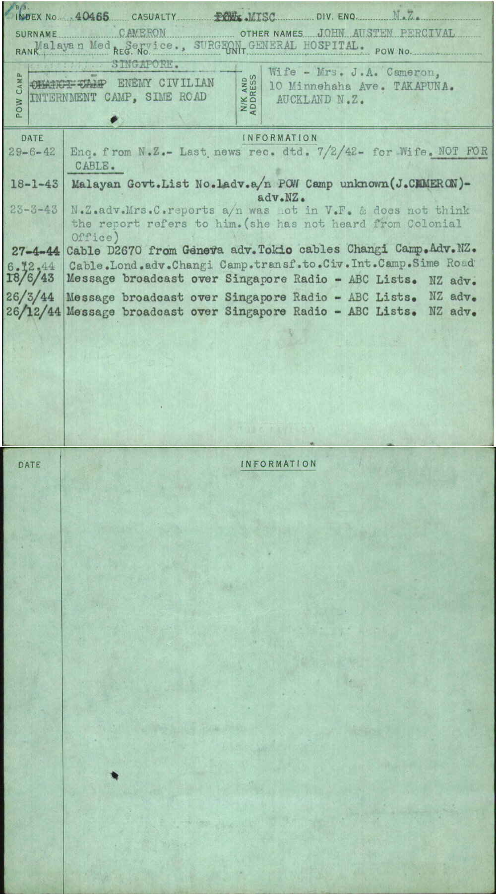 Cameron, John Austen Percival, [No Service Number]
