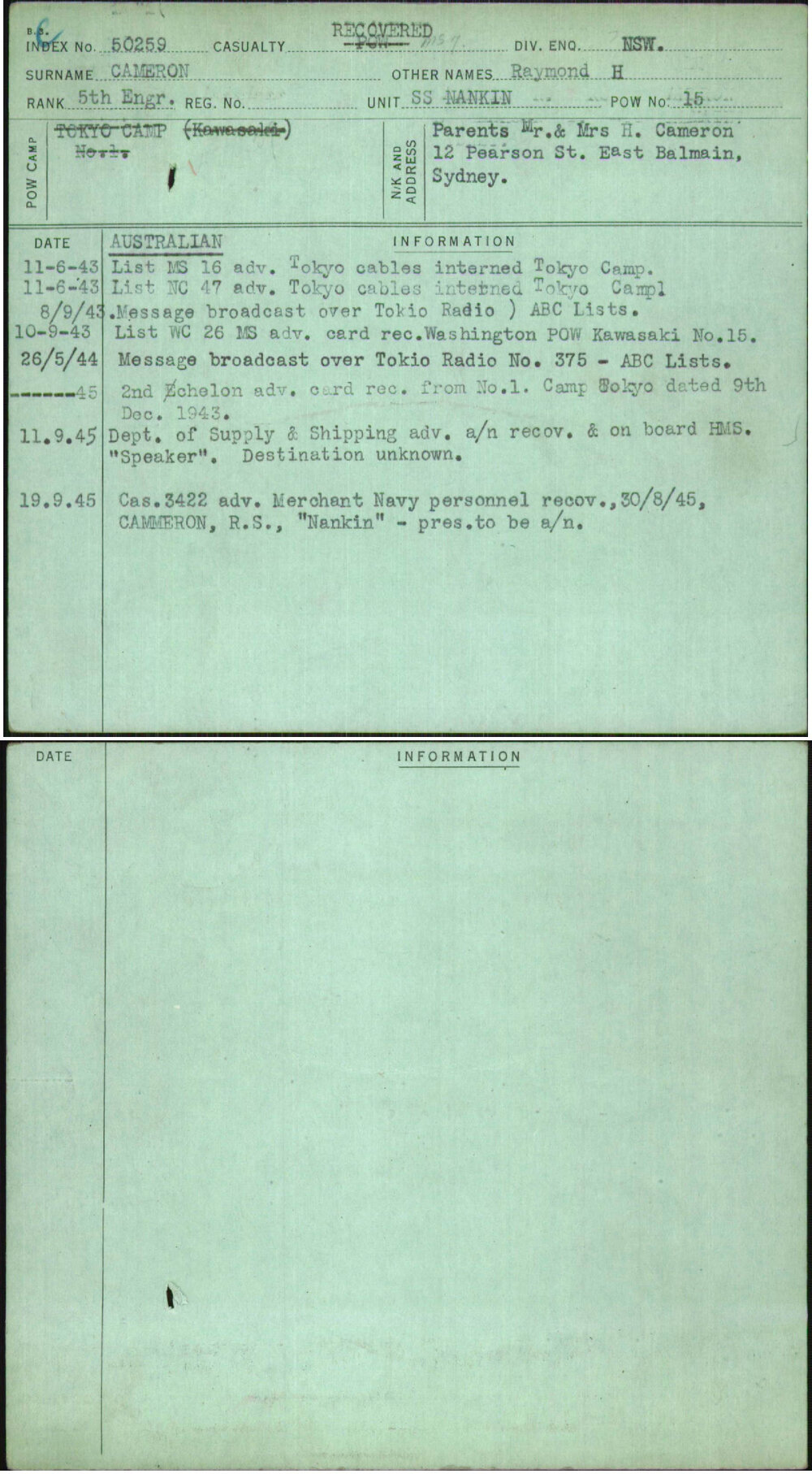 Cameron, Raymond H, [No Service Number]