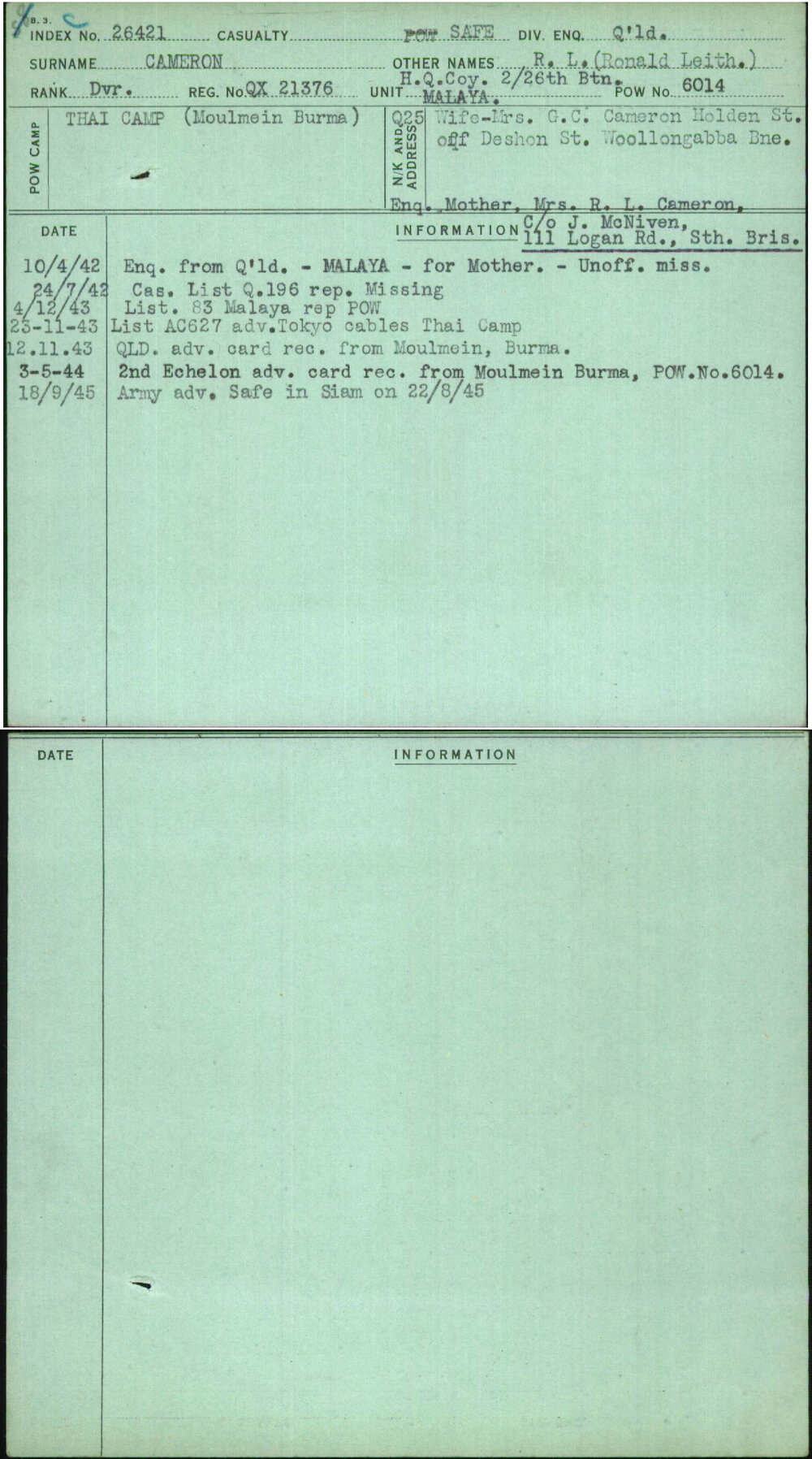 Cameron, R L (Ronald Leith), QX21376