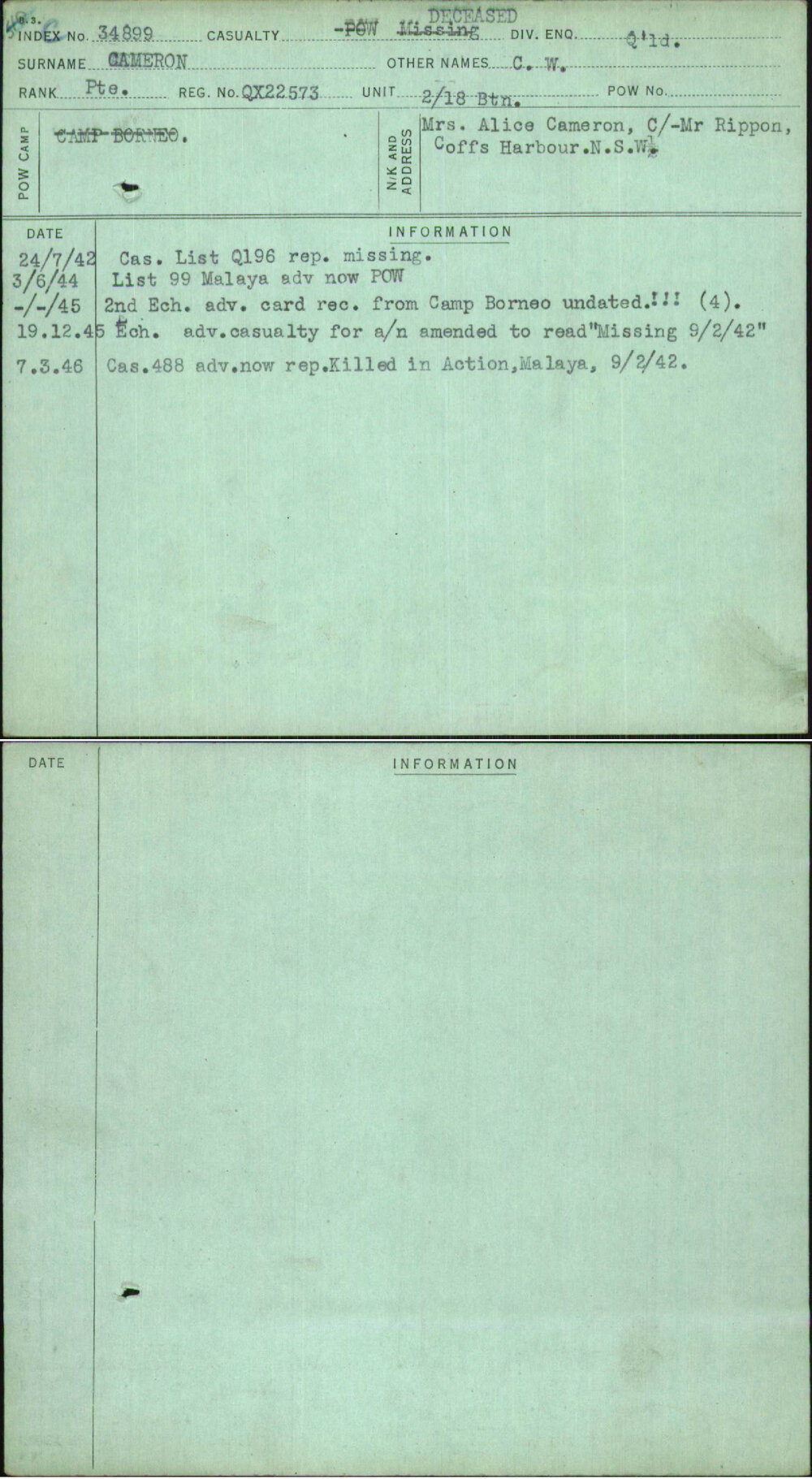 Cameron, C W, QX22573